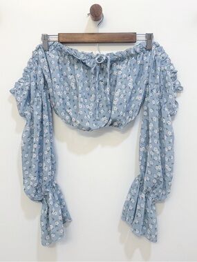 Smocked Blue Floral Cotton Off Shoulder Crop Top Cottagecore Ruffle Sleeve L